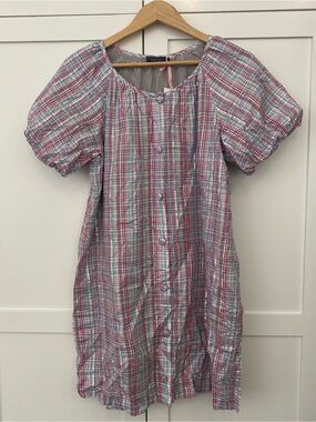 Vineyard Vines Pink Teal Red Silver Plaid Midi Button-Front Dress Size Medium